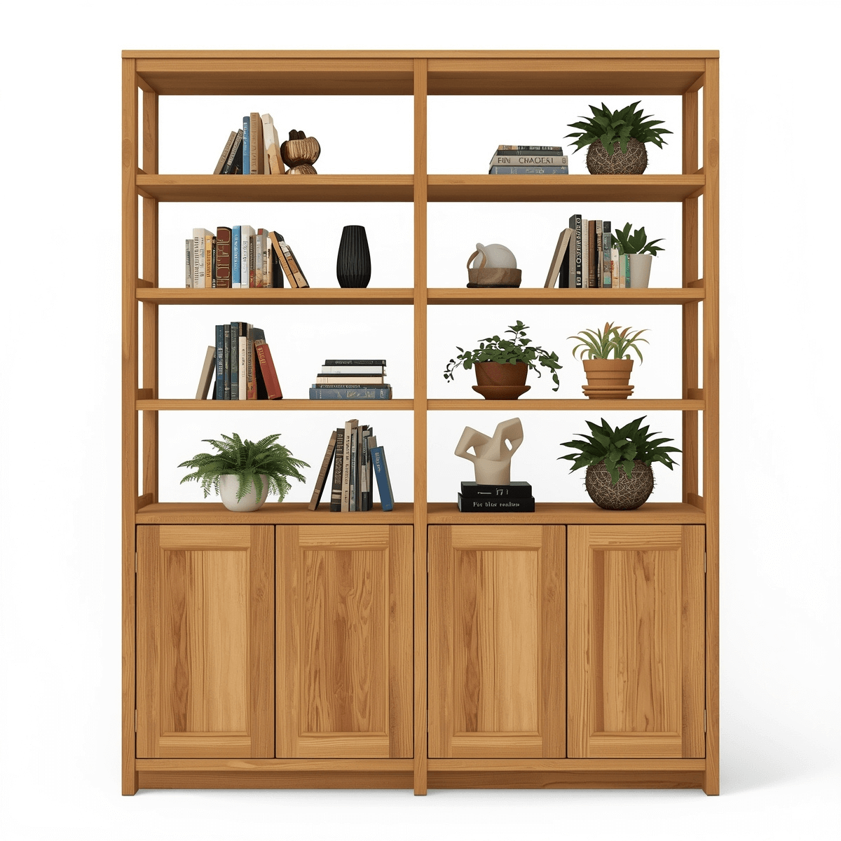 Kendral Solid Wood Modern Open Bookcase with Storage Cabinets