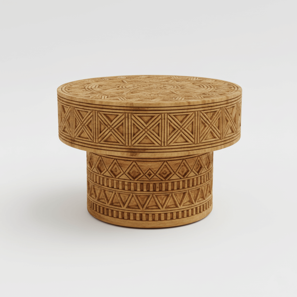 Ornara Wooden Carved Geometric Motifs Low Profile Stool
