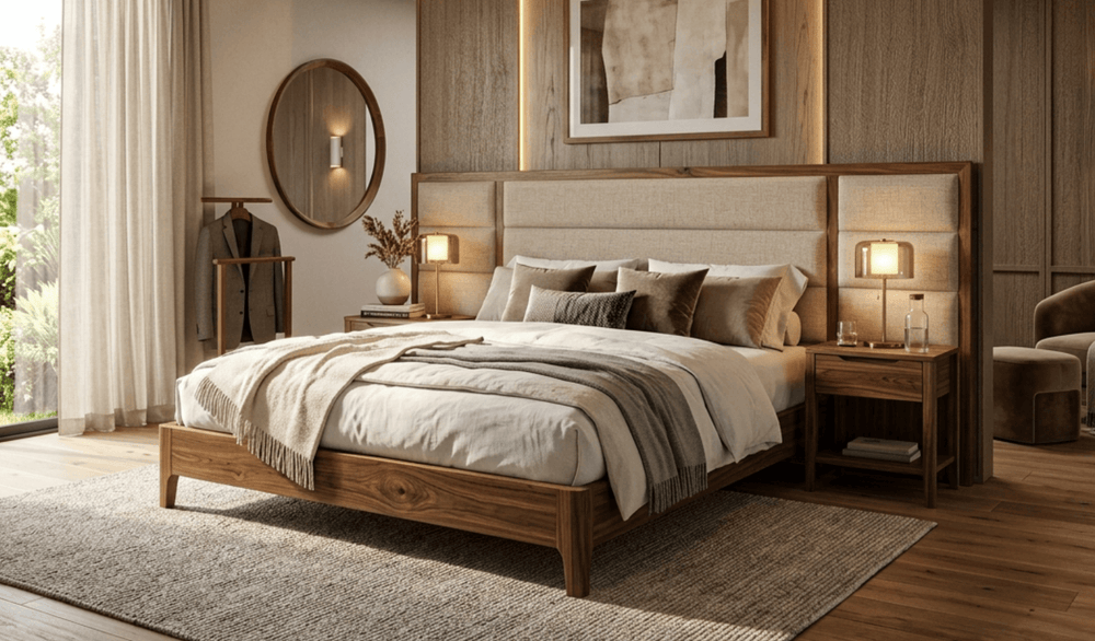 Luxury handcrafted solid wood bed in a premium modern bedroom interior