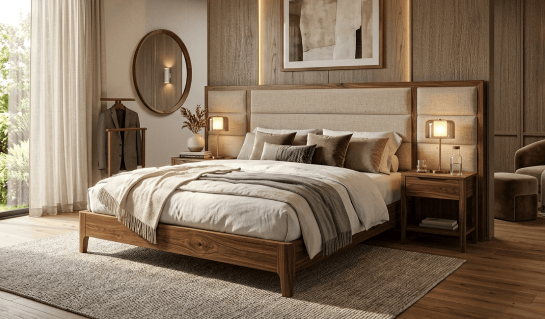 Luxury handcrafted solid wood bed in a premium modern bedroom interior