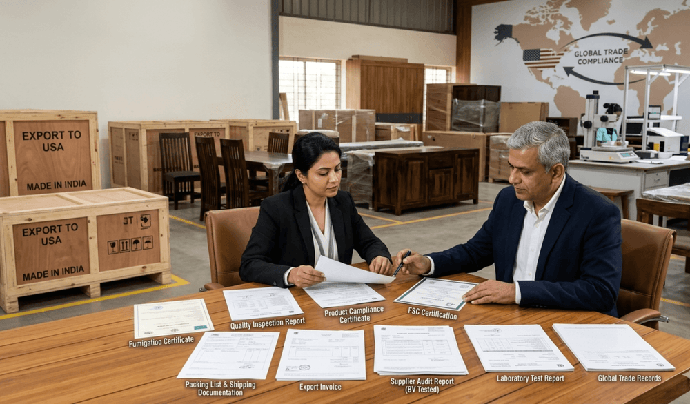 Export compliance manager reviewing certifications, quality reports, and documentation for furniture shipments from an Indian furniture manufacturer to US importers.