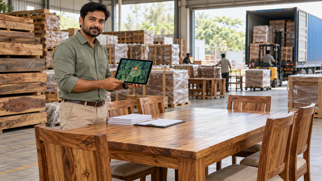 Indian furniture export procurement manager holding a tablet displaying timber traceability GPS data beside a solid mango wood dining table in a warehouse, highlighting EUDR compliance for Dutch furniture importers.
