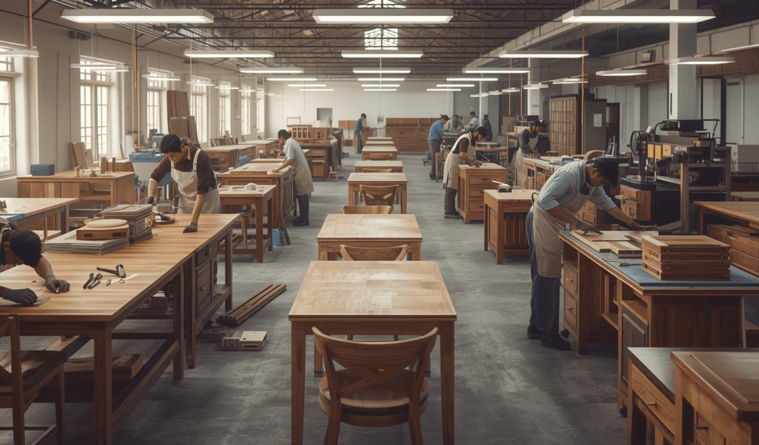 Indian furniture manufacturing factory with workers crafting tables and chairs in a modern production setup