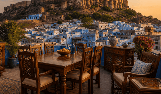 Luxury handcrafted furniture displayed in Jodhpur’s blue city with Mehrangarh Fort in the background, showcasing Rajasthan’s furniture craftsmanship