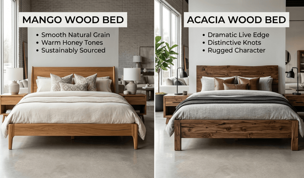 Comparison of mango wood and acacia wood bed frames in a modern showroom for US furniture wholesalers