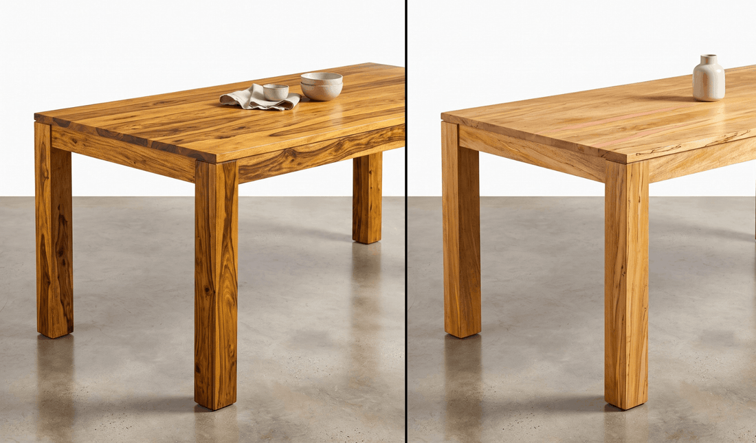 Side-by-side comparison of mango wood dining table versus sheesham wood dining table for US wholesale buyers sourcing from India
