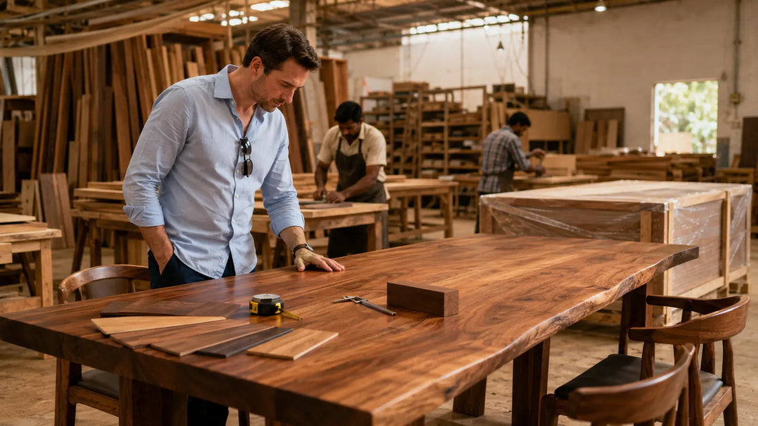 US wholesalers reviewing custom solid wood dining tables manufactured in India