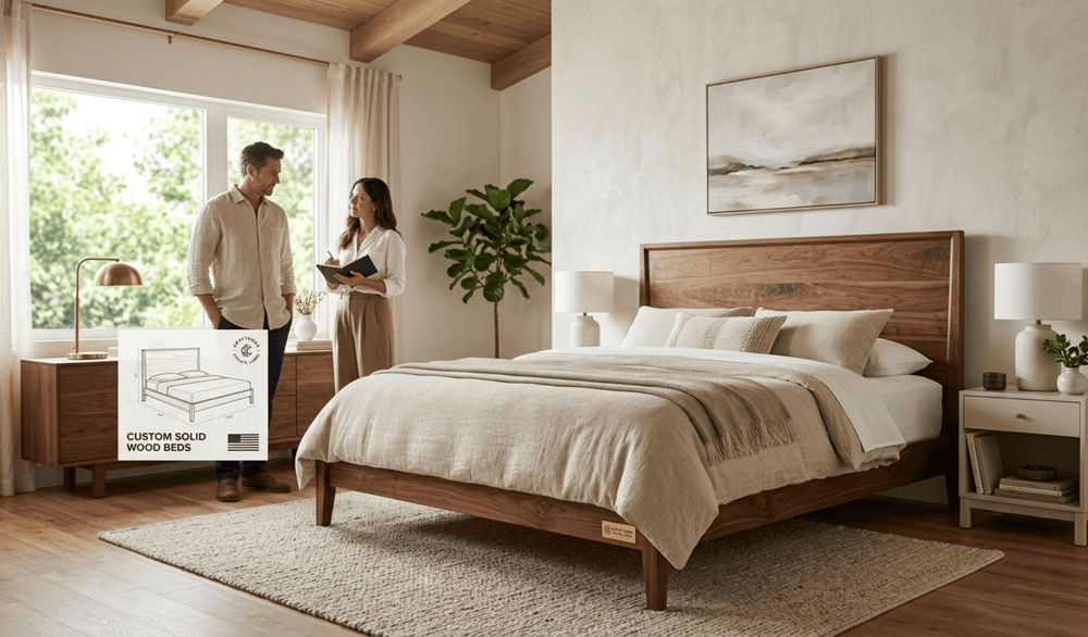 Premium private label solid wood bed frame in a modern bedroom showcasing custom furniture manufacturing and handcrafted craftsmanship.