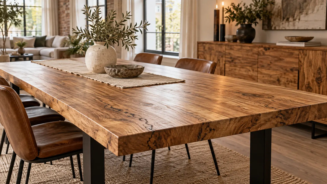Solid mango wood dining table with a warm honey finish, natural wood grain and subtle dark spalting, featuring black steel legs in a Scandinavian-industrial Dutch dining room