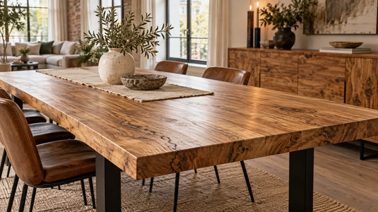 Solid mango wood dining table with a warm honey finish, natural wood grain and subtle dark spalting, featuring black steel legs in a Scandinavian-industrial Dutch dining room