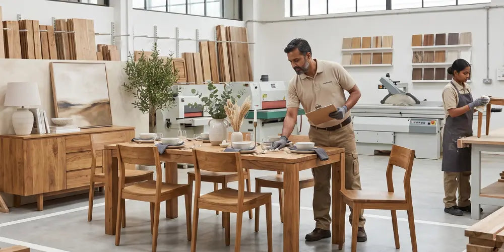 Woodworking workshop with mango wood dining furniture and two workers.