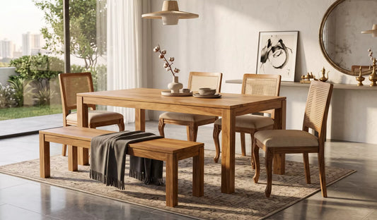 Premium solid wood dining furniture set featuring a flat-panel minimalist dining table, a matching solid wood bench, and traditional wooden dining chairs with natural cane backrests in an elegant Japandi-style dining room.