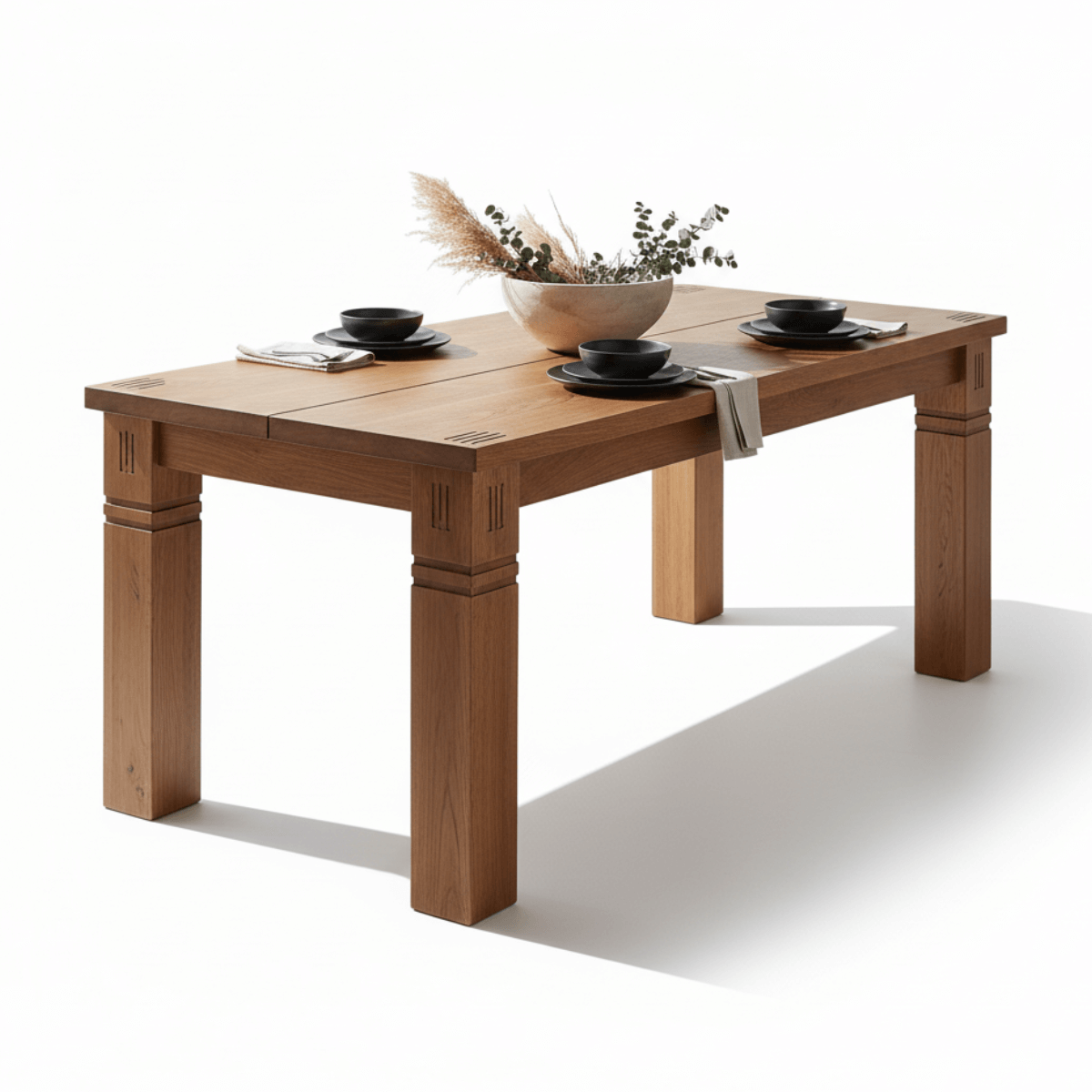 Caldra Rustic Minimal Carving Solid Wood Thick Legs Dining Table