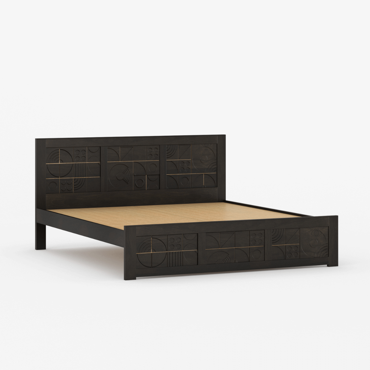 Novaire Solid Wood Geometric Inlay Bed with Headboard