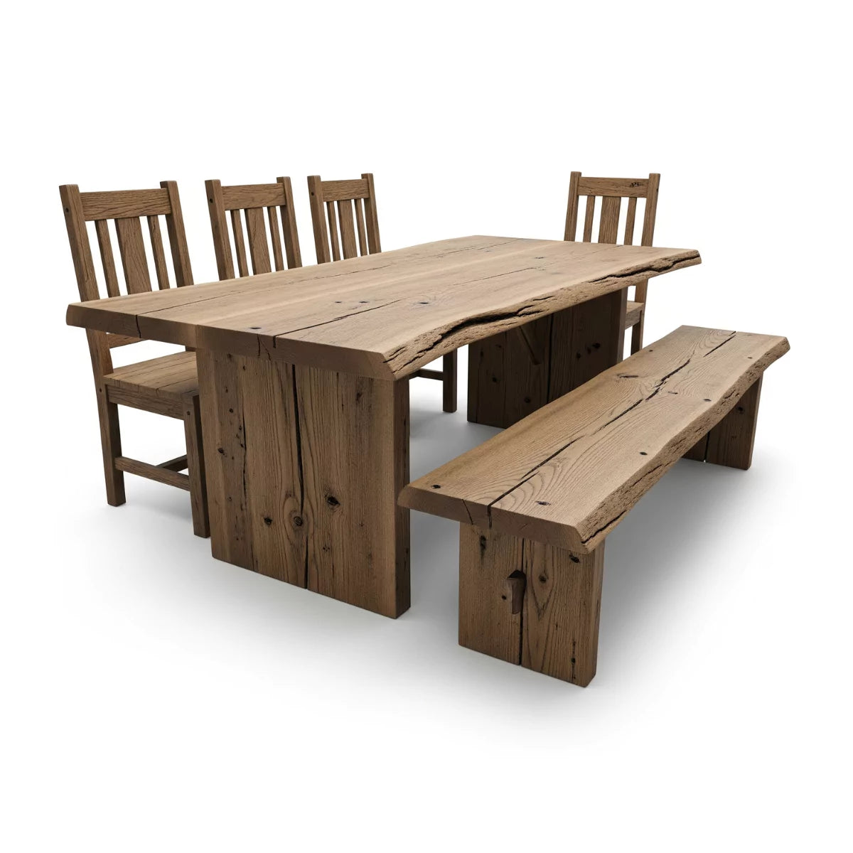 Oaklara Rustic Solid Wood Dining Set with Bench and Chairs